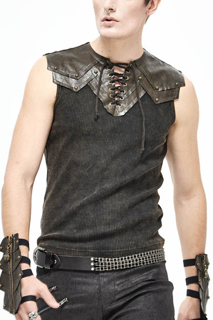 Brown Lace Up Striped Shoulder Armor Shape Chest Knitting Punk Vest