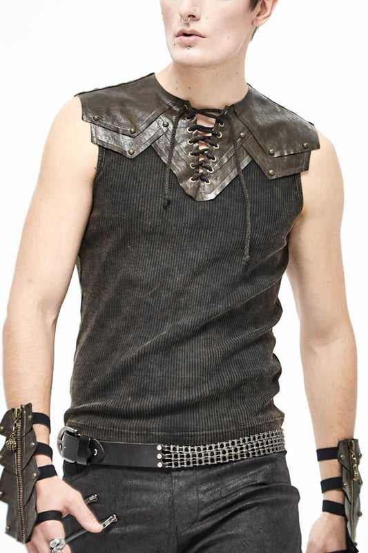 Brown Lace Up Striped Shoulder Armor Shape Chest Knitting Punk Vest