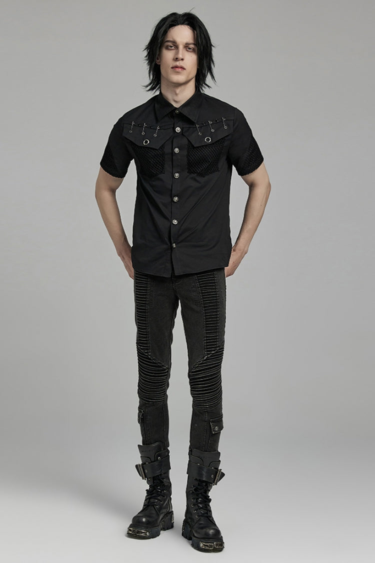 Black Lapel Collar Short Sleeves Mesh Stitching Punk Blouse