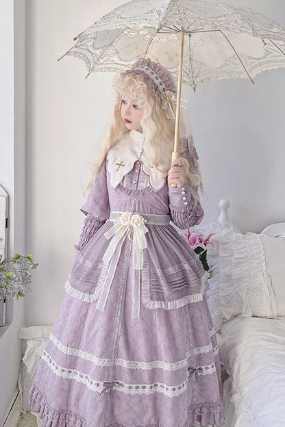 Purple Cross Dark Church Lace Long Sleeves Ruffled Classic Lolita Op Dress