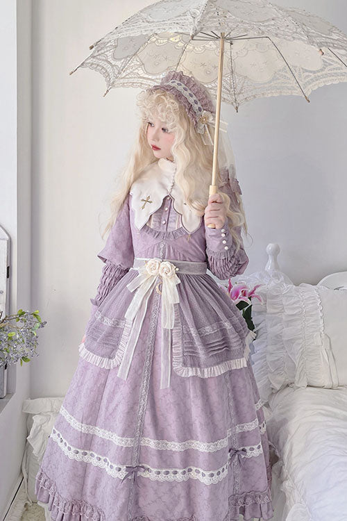 Purple Cross Dark Church Lace Long Sleeves Ruffled Classic Lolita Op Dress