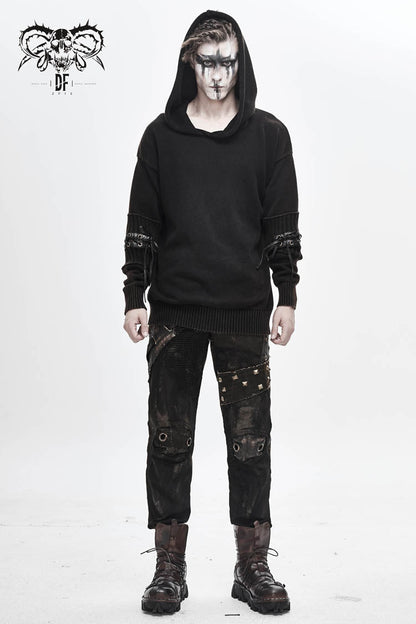 Brown Worn-out Long Sleeve Elbow Leather Strip Lace-up Hooded Coarse Knit Punk Sweater