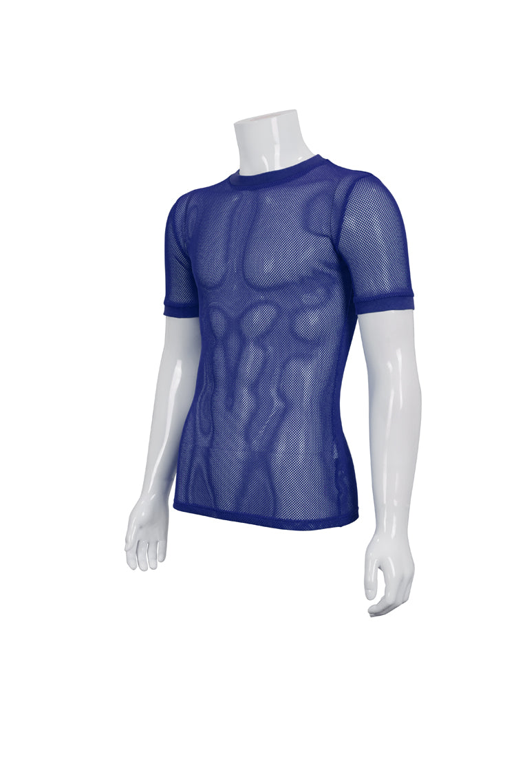 Blue Crew Neck Diamond-shaped Net Short Sleeve Gothic T-shirt