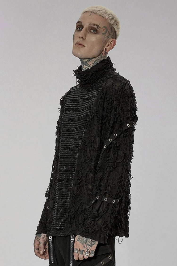 Black High Collar Stitching Ripped Steampunk Blouse