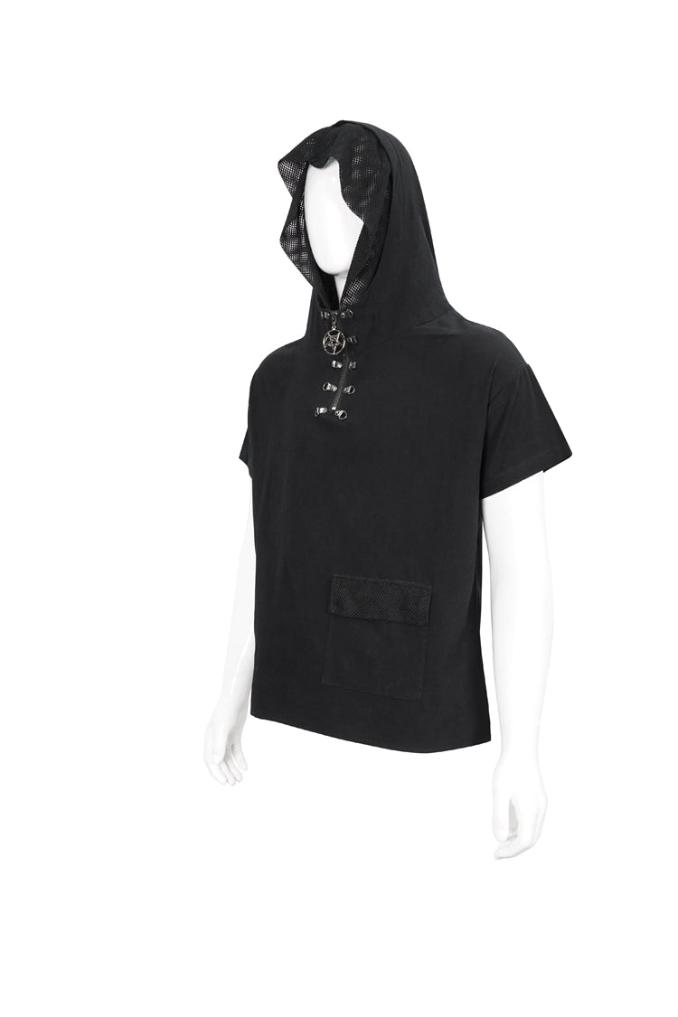 Black Hooded Mesh Splice Zipper Back Openwork Lace-up Short Sleeve Punk T-shirt