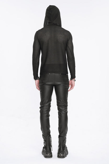 Black Striped Sheer Long Sleeve Punk Sweatshirt Hooded