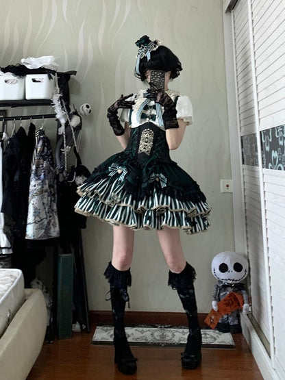 [pre-order Deadline: May 20] Magical Girl Lolita Lace Puff Sleeve Shirt + Black X Green Ribbon Corset Tiered Dress + Mini Hat