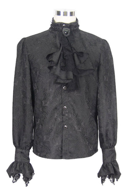 Black Shining Rose Print Lace Cuff Gothic Blouse