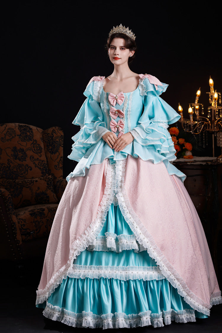 Blue/pink Square Collar Long Trumpet Sleeves Triple-layered Ruffled Open-front Bow Classic Palace Lolita Victorian Dress