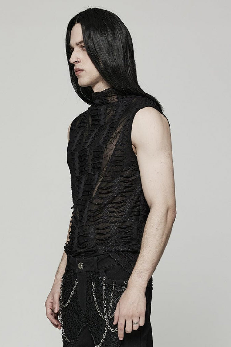 Black High Collar Hollow Spider Mesh Ripped Asymmetric Gothic Vest