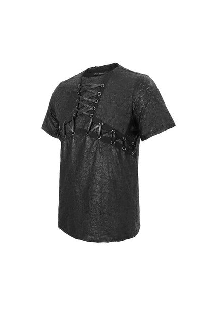 Black Broken Holes Thick Stripes Chest Lace-up Knit Short Sleeve Punk T-shirt