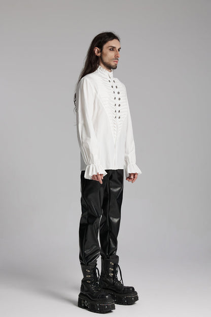 White Stand Collar Beast Buckle Long Sleeves Ruffle Gothic Blouse