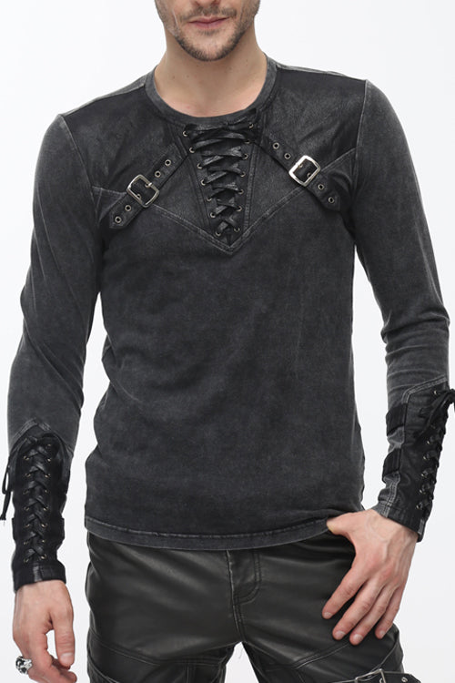 Black Faded Long Sleeves Lace Up Punk T-shirt
