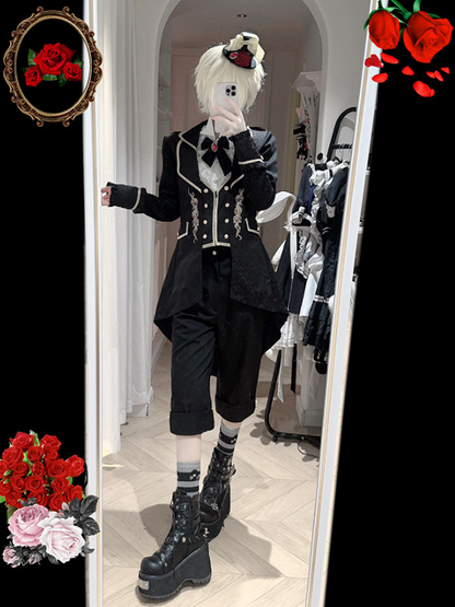 [pre-order Deadline: May 8] White Lace Ruffle High Collar Prince Shirt + Black Tailored Bermuda Shorts
