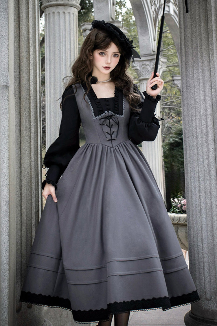 Grey [mist Chronicle] Square Collar Long Sleeves Bowknot Lace-up Color-block Fake Two Pieces Classic Lolita Dress