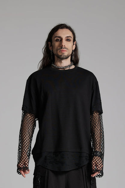 Black Round Collar Long Sleeves Mesh Ripped Punk T-shirt