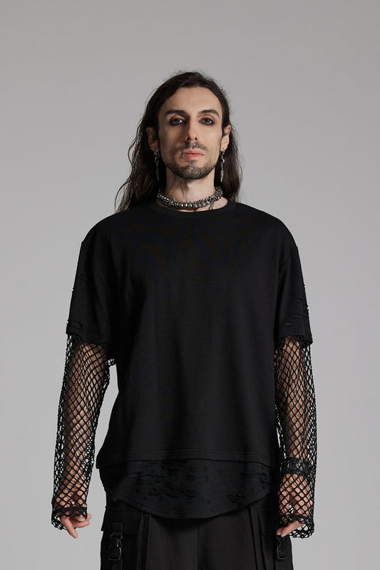 Black Round Collar Long Sleeves Mesh Ripped Punk T-shirt
