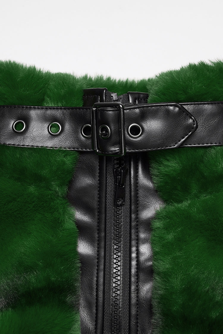 Green Stand Collar Long Sleeves Buckle Straps Faux Fur Punk Short Cloak