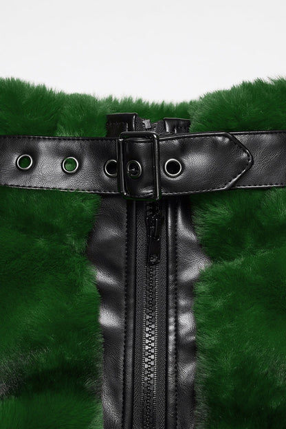 Green Stand Collar Long Sleeves Buckle Straps Faux Fur Punk Short Cloak
