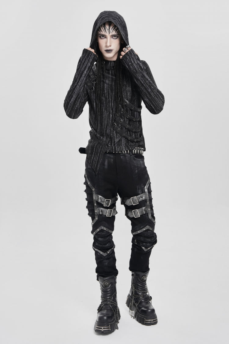 Black Long Sleeves Irregular Hooded Straps Eyelet Punk Blouse