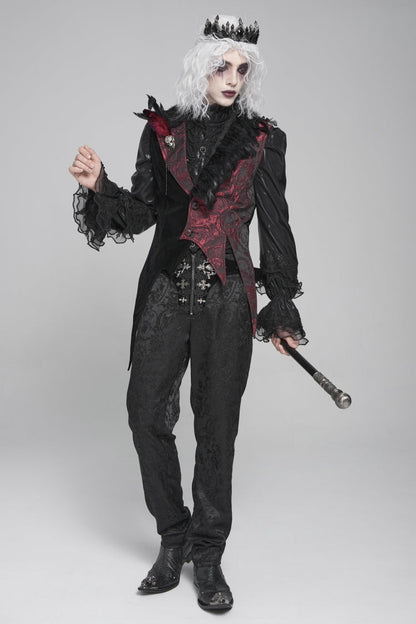 Black Long Sleeves Rose Print Irregular Contrast Color Gothic Vest With Detachable Feather Accessory