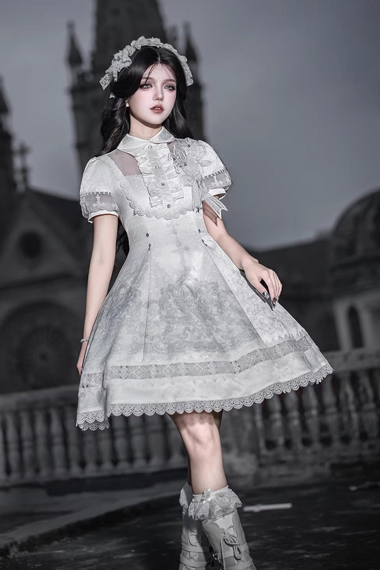 White Lapel Collar Short Sleeves Printed Ruffled Lace Classic Gothic Lolita Dress