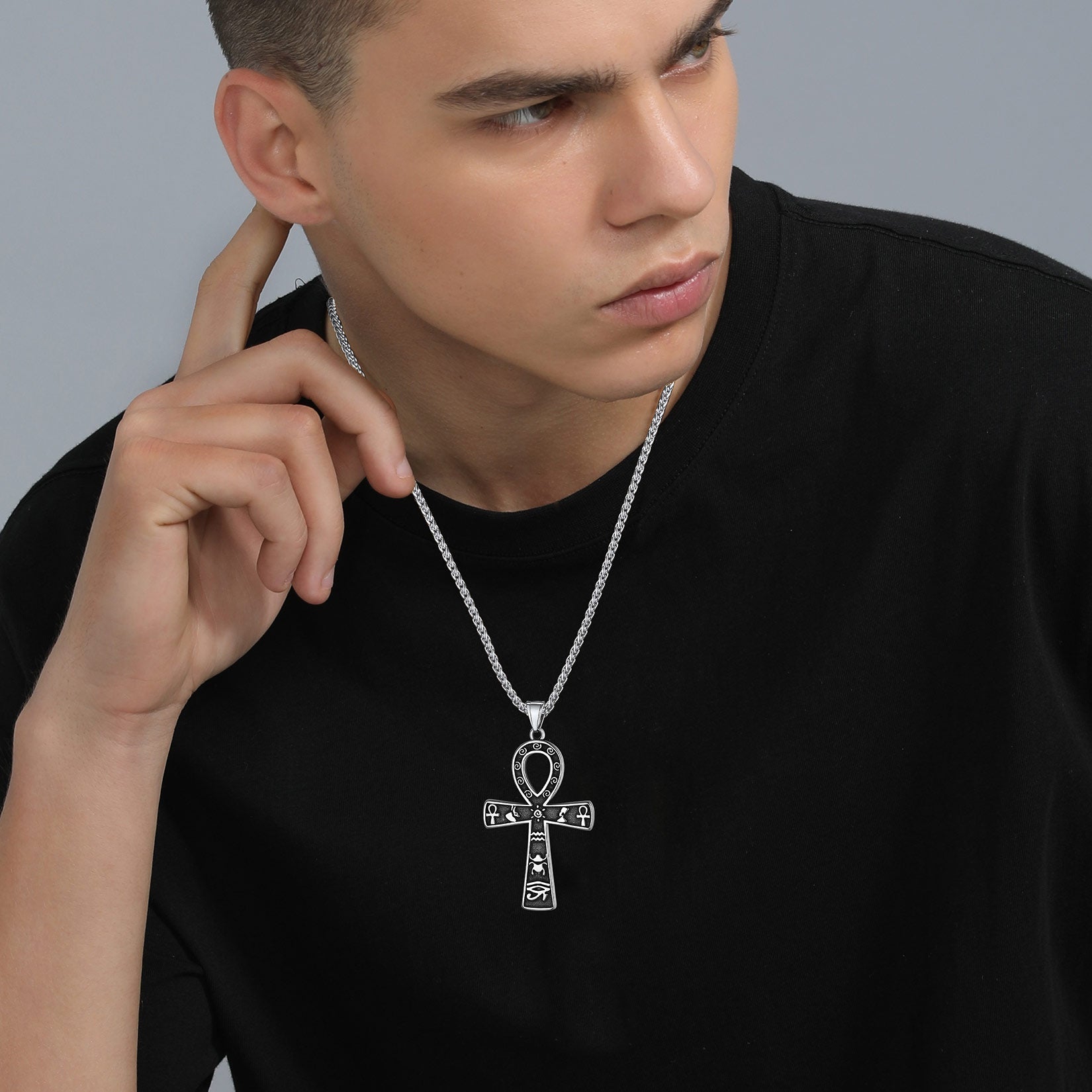 Egyptian Ankh Cross Necklace Pendant With Hieroglyphic for