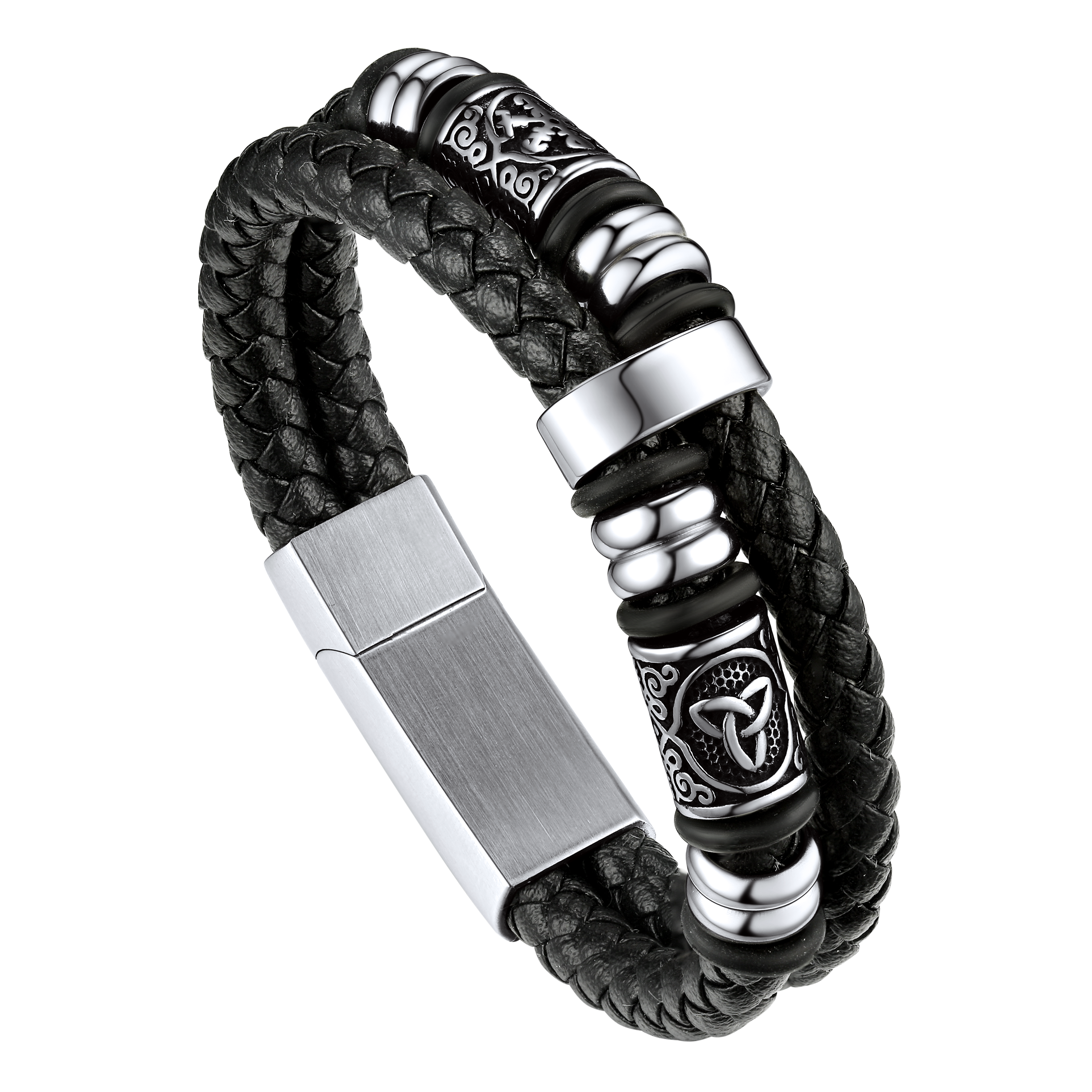 Viking Black Engraved Leather Braided Wristband Bracelet for