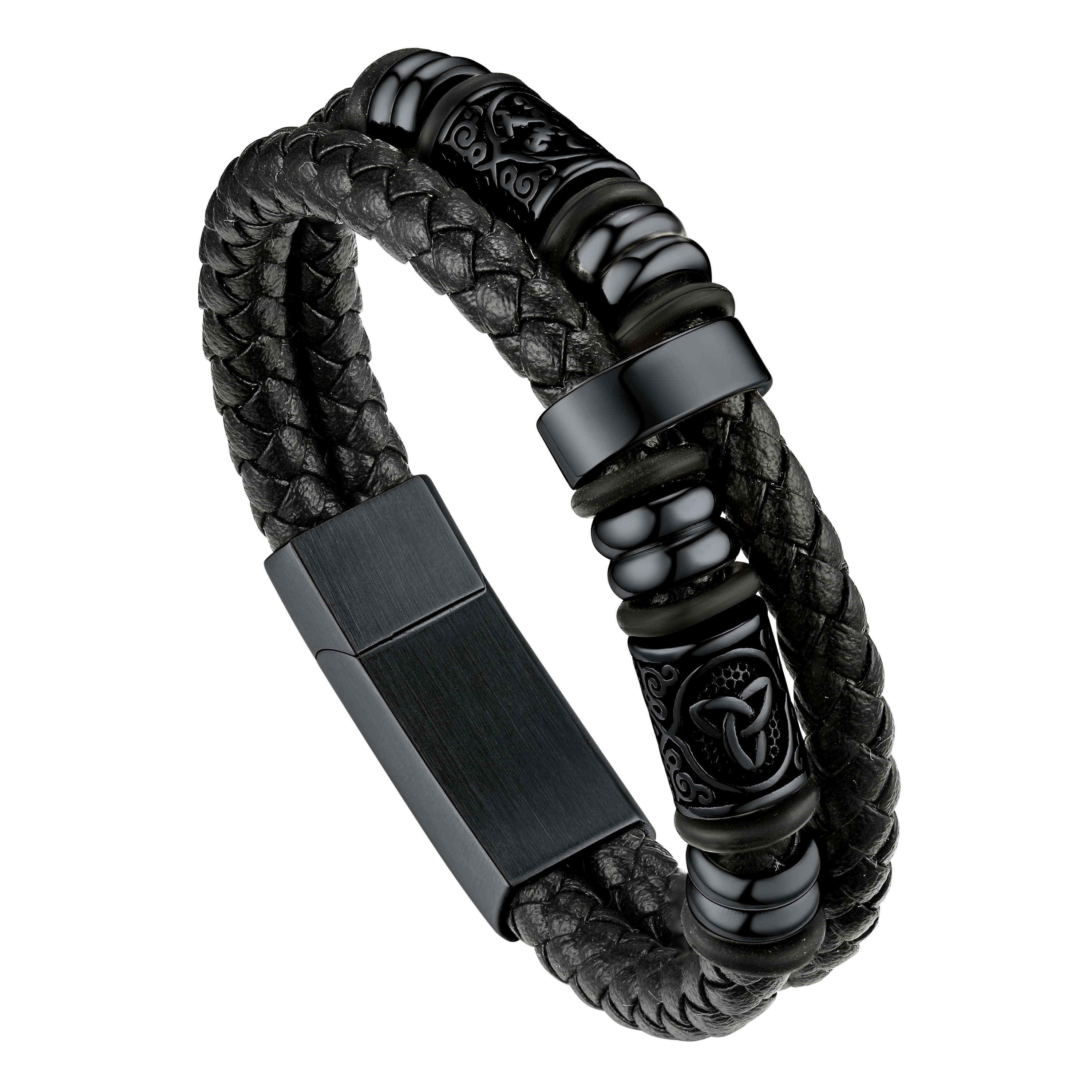 Viking Black Engraved Leather Braided Wristband Bracelet for