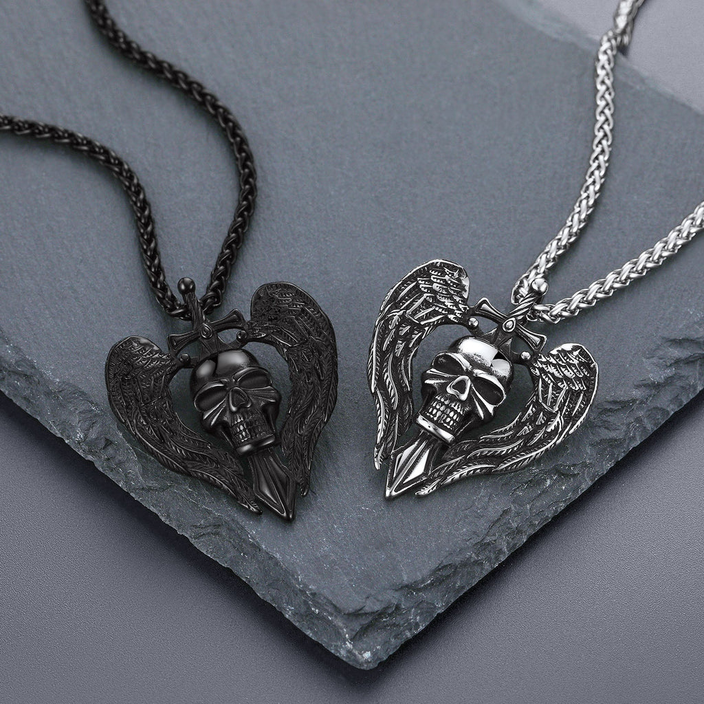 Gothic Sword Wings Skull Pendant Necklace for