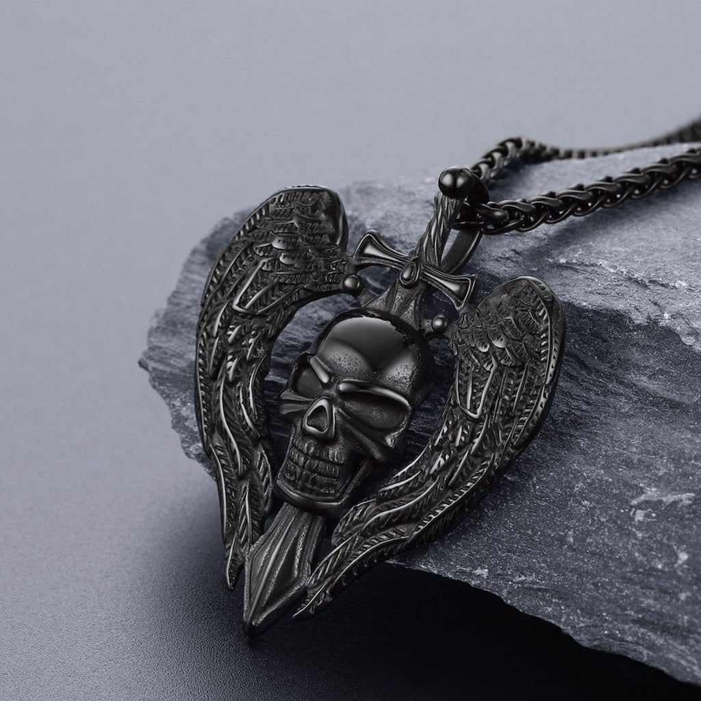Gothic Sword Wings Skull Pendant Necklace for