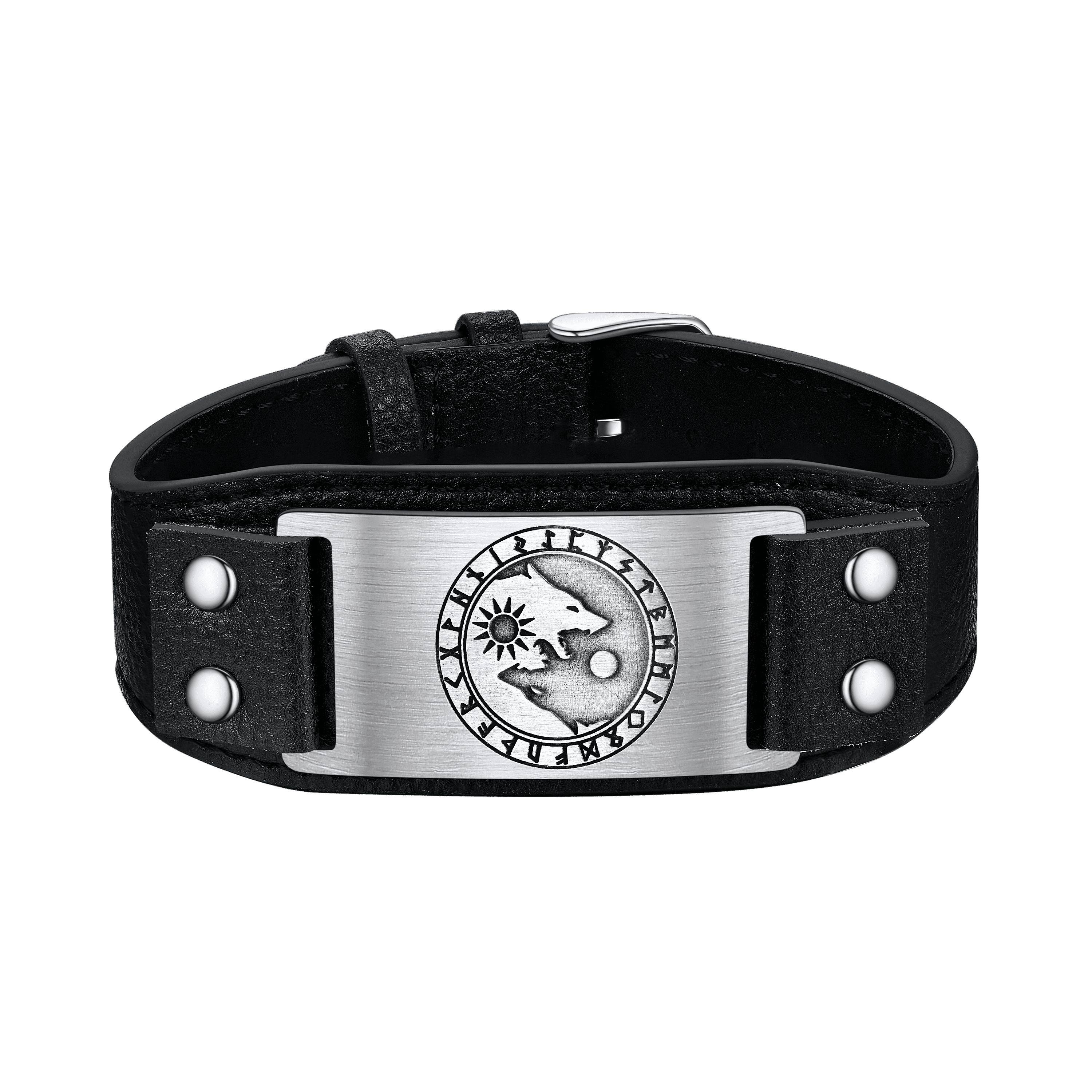Viking Nordic Wolf Black Leather Bracelet Wristband for