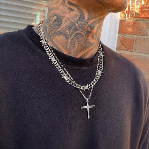 Barbed Wire Cuban Chain & Nail Cross Layered Necklaces Set for