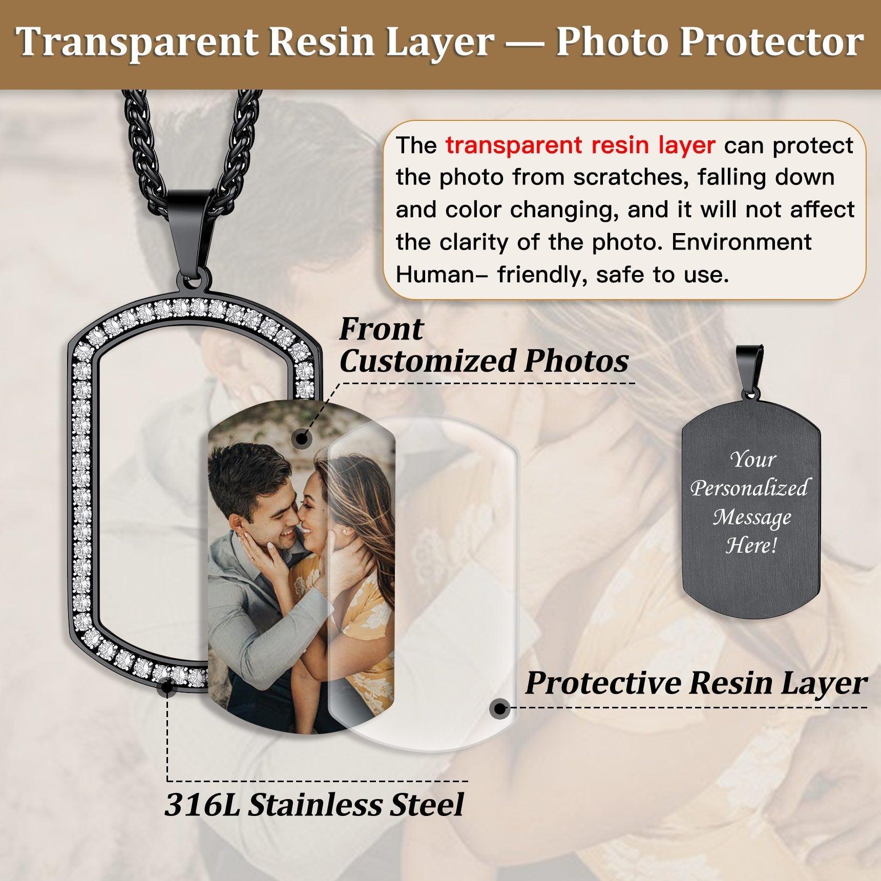 Customized Picture Dog Tag Necklace With Cubic Zirconia Memorial Gift for