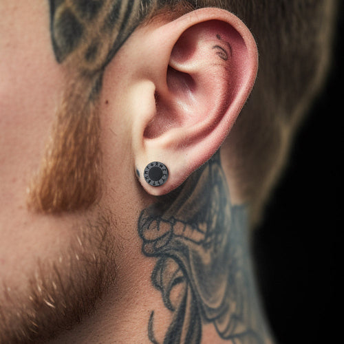 Black Onyx Stud Earrings With Viking Runes in Sterling Silver