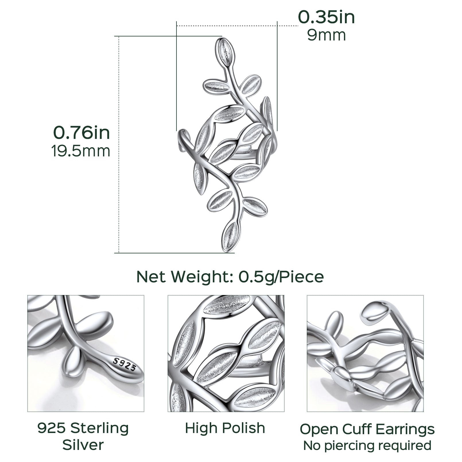Sterling Silver Leaf Non Piercing Clip on Cartilage Ear Cuff Earrings 1pc