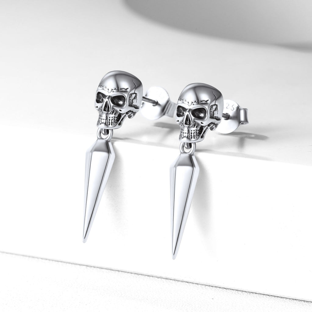 Sterling Silver Gothic Skull Dangle Stud Earrings for
