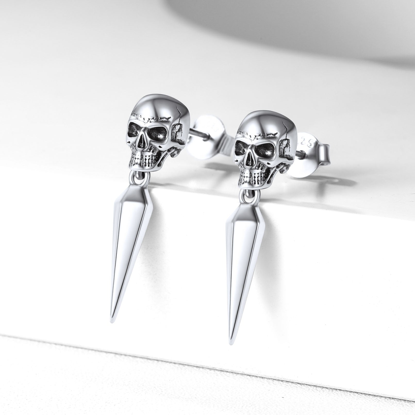 Sterling Silver Gothic Skull Dangle Stud Earrings for