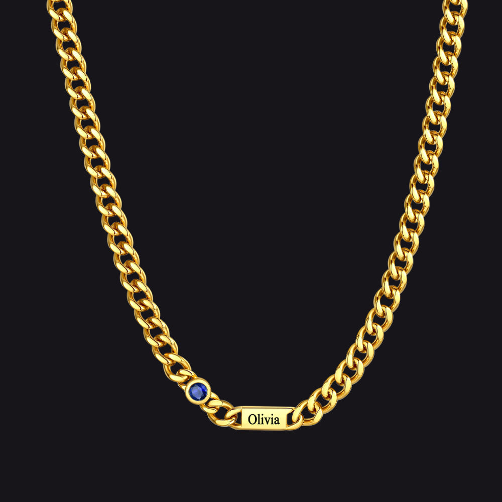 Customized Engraved Name Birthstone Cuban Chain Necklace for