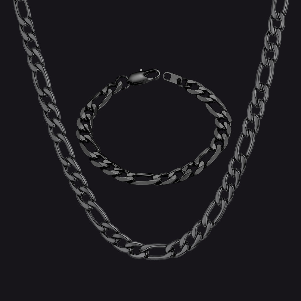 8mm Figaro Link Chain & Bracelet Bundle Set for