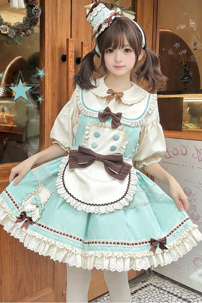 [pre-order Item]chocolate Mint Sailor Collar Girly Maid Dress + Cake Hat
