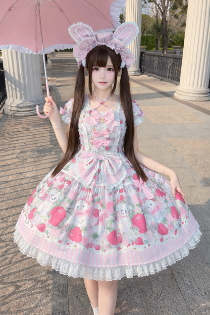 [pre-order Deadline: April 29] Strawberry Rabbit Print Lace Ribbon Sweet Dress + Complete Set
