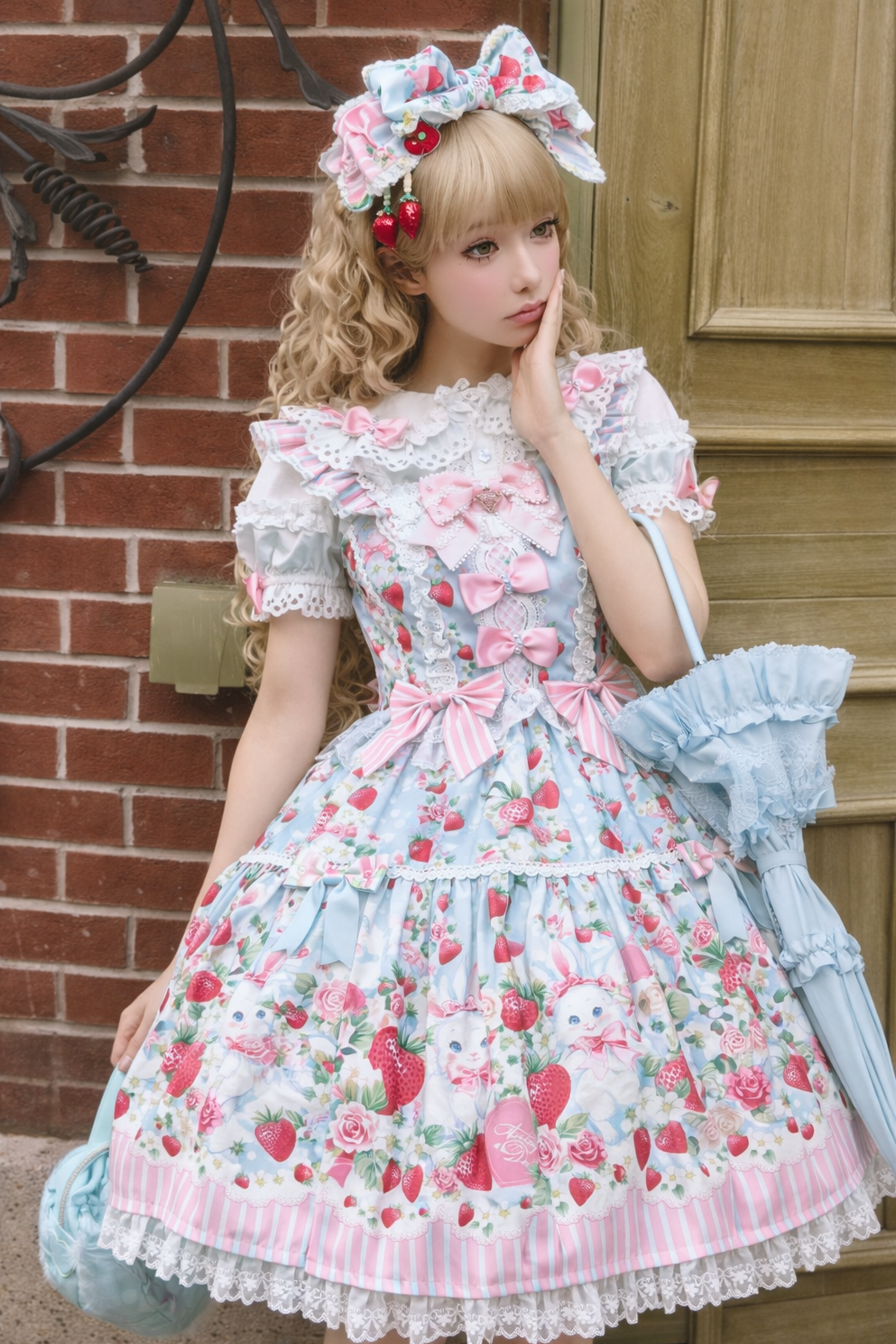 [pre-order Deadline: April 29] Strawberry Rabbit Ear Ribbon Shirt + Ruffled Shoulder Lace Ribbon Jk School Uniform Dress + Full Set/complete Set