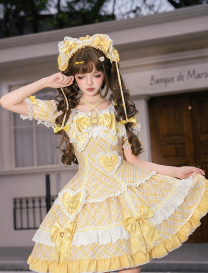 [pre-order Deadline: May 10] Blue/yellow/pink Sweetheart Lolita Ribbon Puff Sleeve Tiered Dress + Bunny Ear Full Set + Cat Ear Full Set