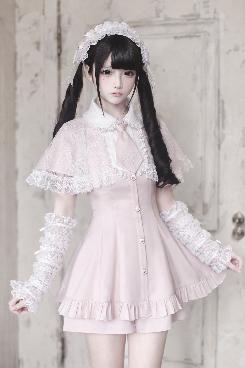 [pre-order Deadline: May 15] Pink Lace Cape Design Tie Color Dress Suit Full Set + Accessories