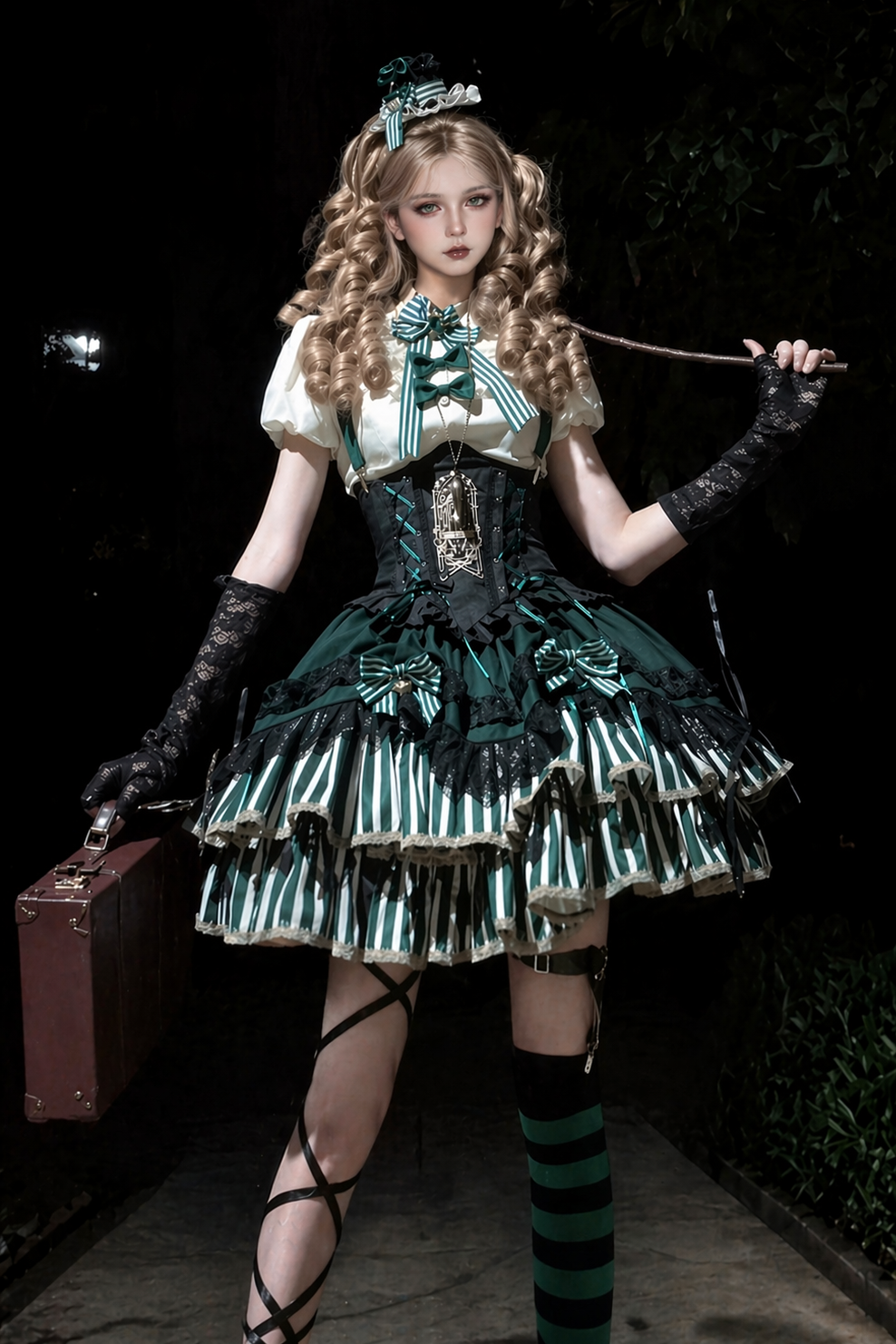 [pre-order Deadline: May 20] Magical Girl Lolita Lace Puff Sleeve Shirt + Black X Green Ribbon Corset Tiered Dress + Mini Hat