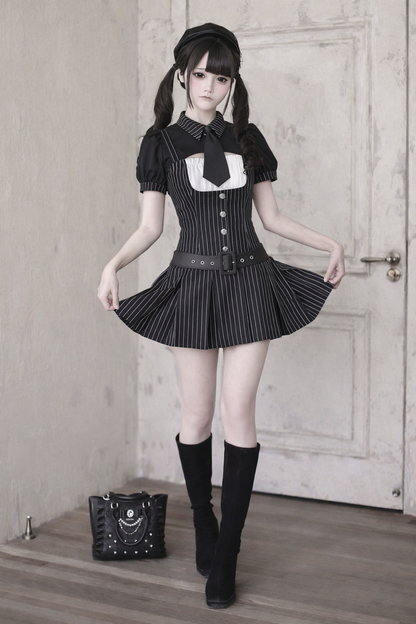 [pre-order Deadline: April 28] Black Pinstripe Tie Collar Short Jacket Dress Full Set + Jewel Casquette