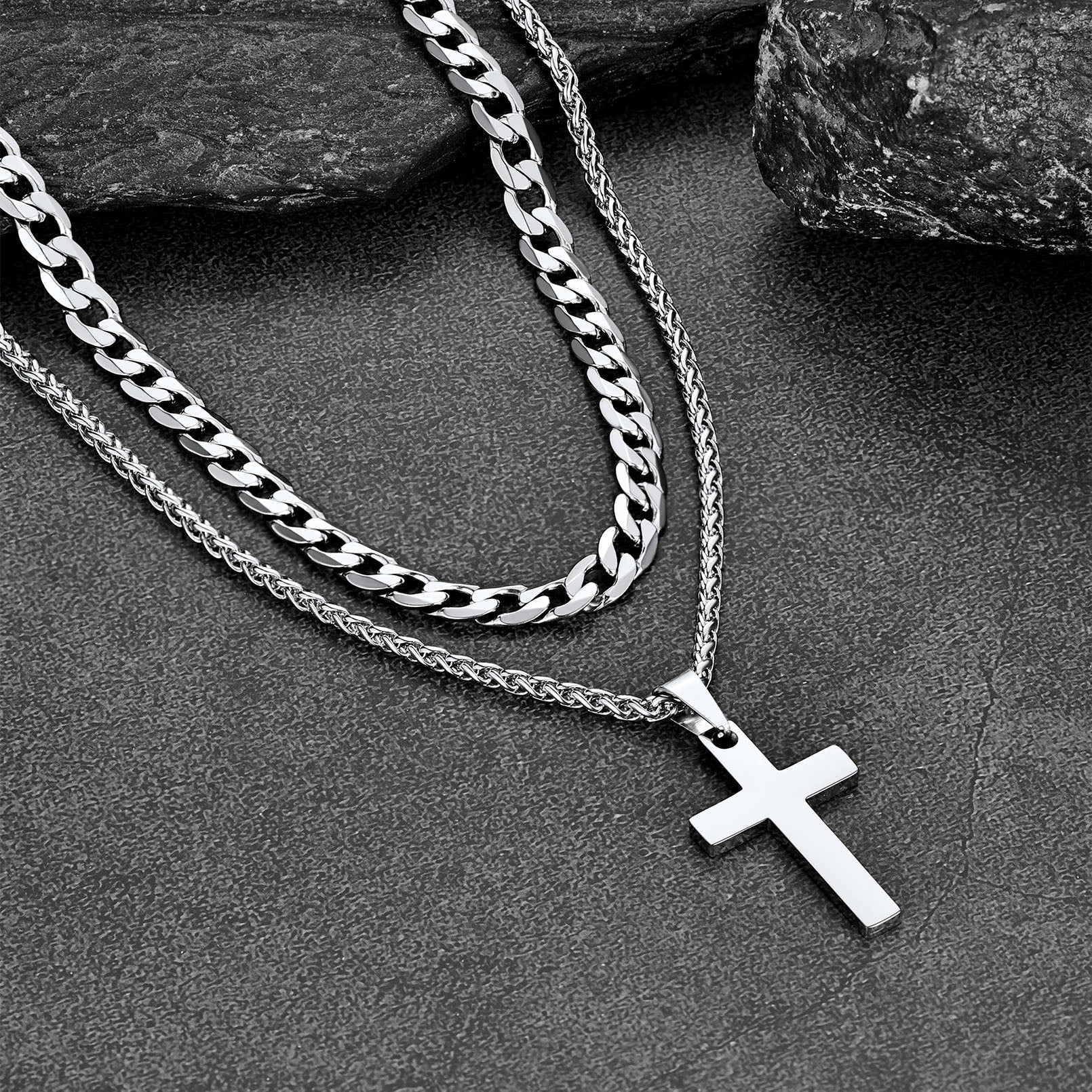 Cuban Chain & Cross Pendant Layered Necklaces Set for