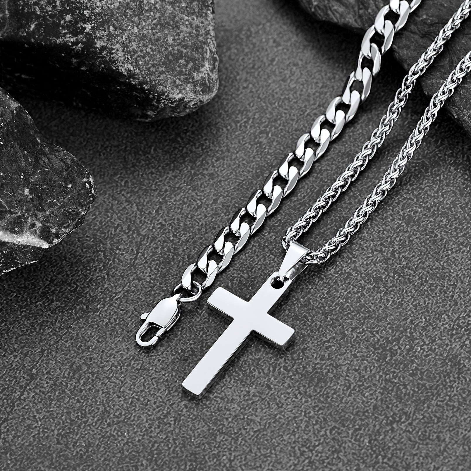 Gift for Cuban Chain & Cross Pendant Layered Necklace Set Birthday Gift