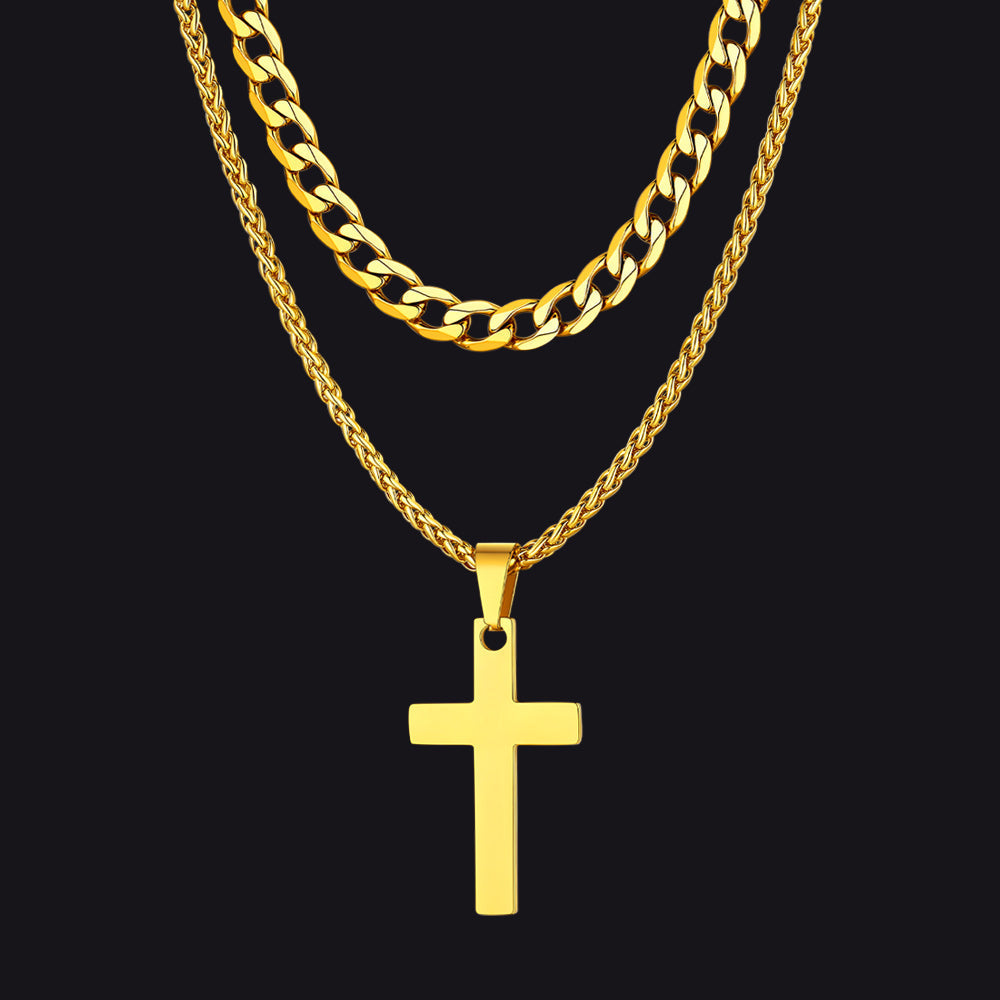 Cuban Chain & Cross Pendant Layered Necklaces Set for